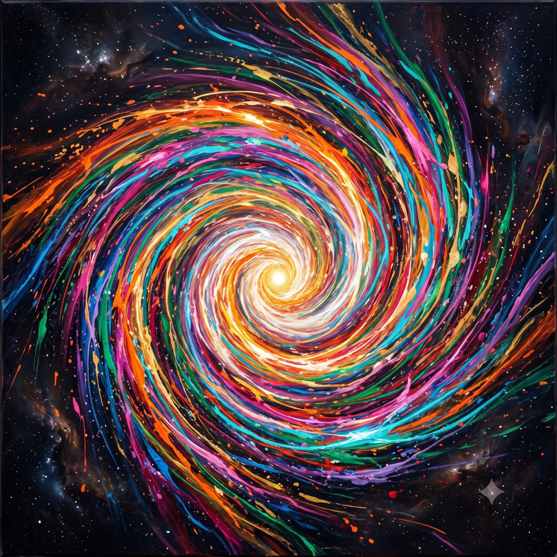 Merkezdeki tek ışık noktasına çöken çok renkli spiral